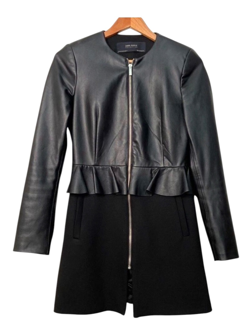 Zara faux leather zip-up dress fitted long sleeves black jersey XS